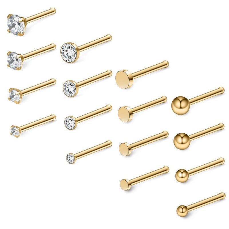 Ruifan 16PCS 20G Surgical Steel 1.5mm 2mm 2.5mm 3mm Top Flat & Ball & Clear Round & Jeweled Clear CZ Nose Stud Ring Bone Pin Piercing Jewelry - Gold - Image 1